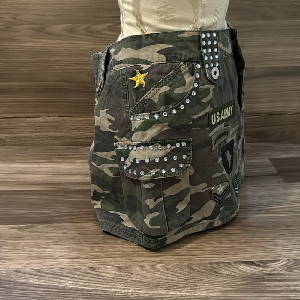 Tell Premium Surplus Camo Swarovski Crystal Patches 5 Pockets Zip Mini Skirt L - Picture 7 of 15